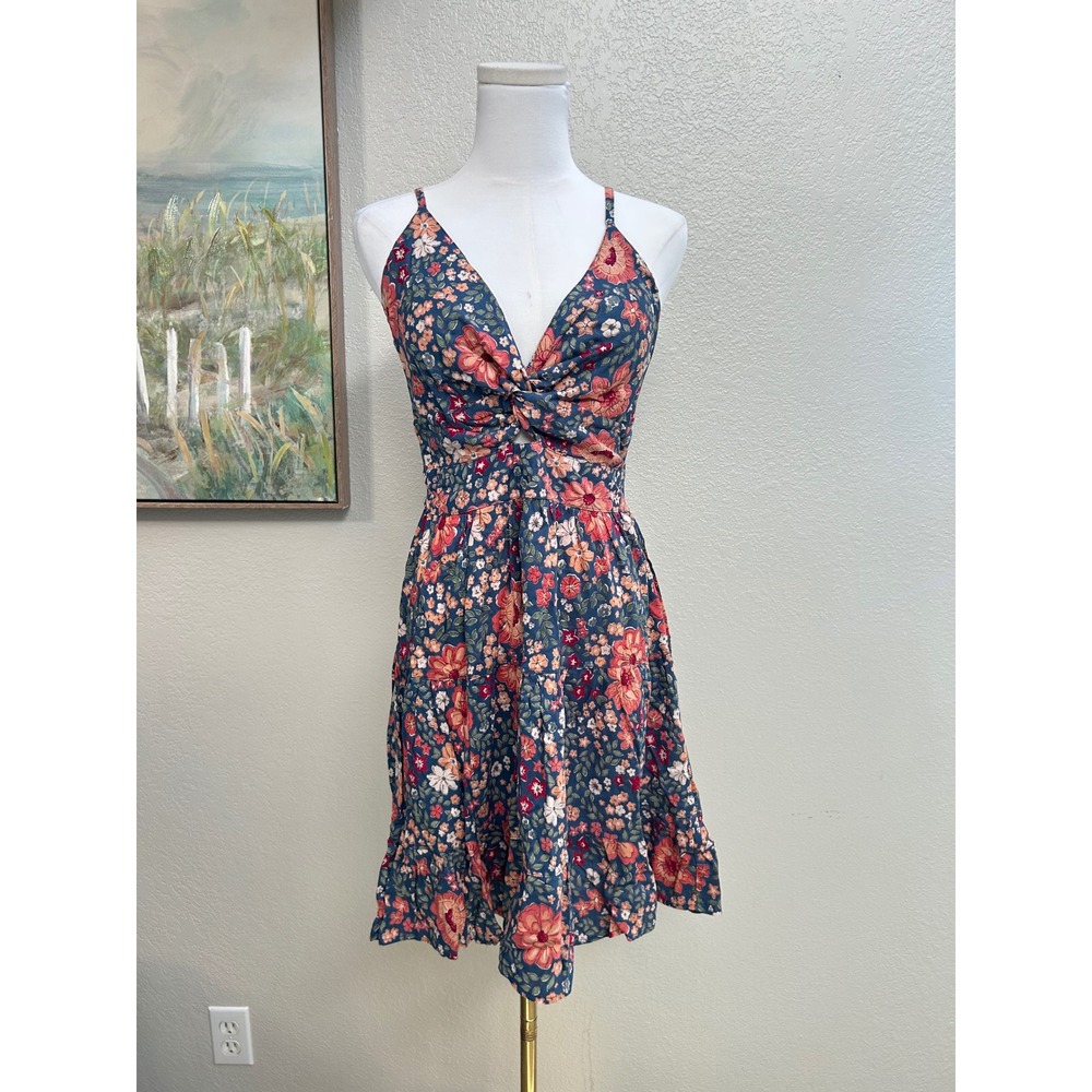 Angie Floral Twist Front Mini Dress Blue Boho Sundress Smocked Back Size S